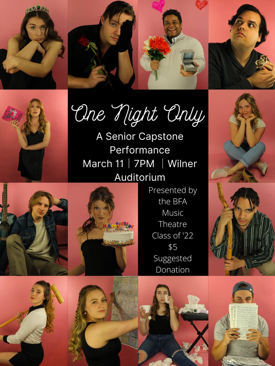 WSU_SPA's tweet photo. One Night Only…
Come on out to Wilner Auditorium on March 11th at 7pm to celebrate our class of 2022 MT students for their capstone! We can’t wait to see all their hard work they’ve put in!🎭💗
Tickets 🎟: $5 suggested donation. https://t.co/RwK88bItzu