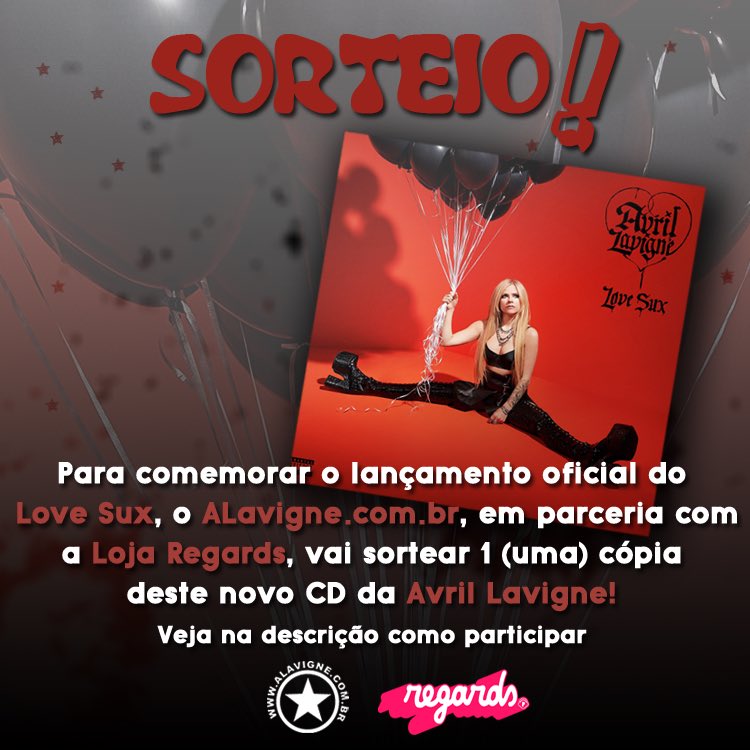 AvrilLavigneBR's tweet photo. Vamos de "Esquenta"?

Para iniciar essa nova era, o Alavigne em parceria com a @lojaregards, sorteará um álbum #LoveSux para vocês.
 
Para participar você deve:
• Dar like e RT nesse post
• Fazer um comentário seguido da tag #LoveSux 
• Seguir os 2 perfils aqui no Twitter  + https://t.co/DAgOc1xS4q
