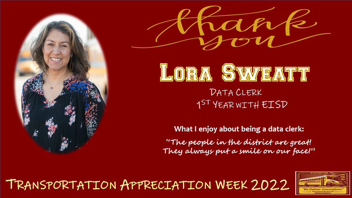 EISD_Transport's tweet photo. Day 5 of our Showcase of Commitment continues! Shout out to Lora who joined this amazing team this year! She brings a lot of experience & kindness to our department! #DetailsMatter #ThankYou #WeSeeYou #BecauseWeGetTo #TeamWork @EISDofSA @DrH_OnTheEdge @WeGoPublic @SACharterMoms https://t.co/ClqUeIDsJt