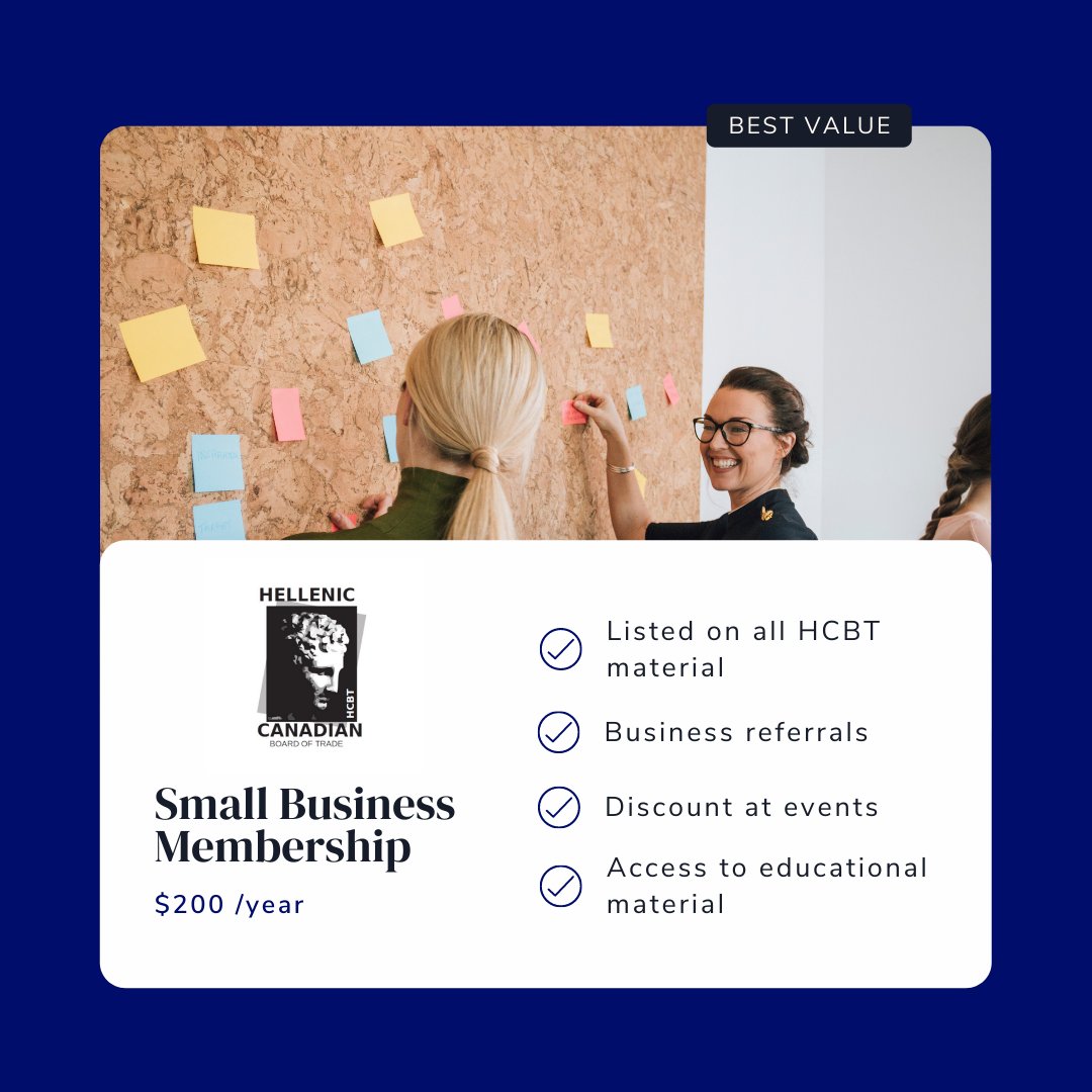 YourHCBT's tweet photo. Are you a small business owner looking to make a big impact in the Canadian or the Greek market? With a  Small Business Membership at the HCBT, you can unlock powerful networking and growth opportunities and leverage an array of additional benefits!  https://t.co/g00jzirQNL #SMBs https://t.co/DzDFnIjbz7