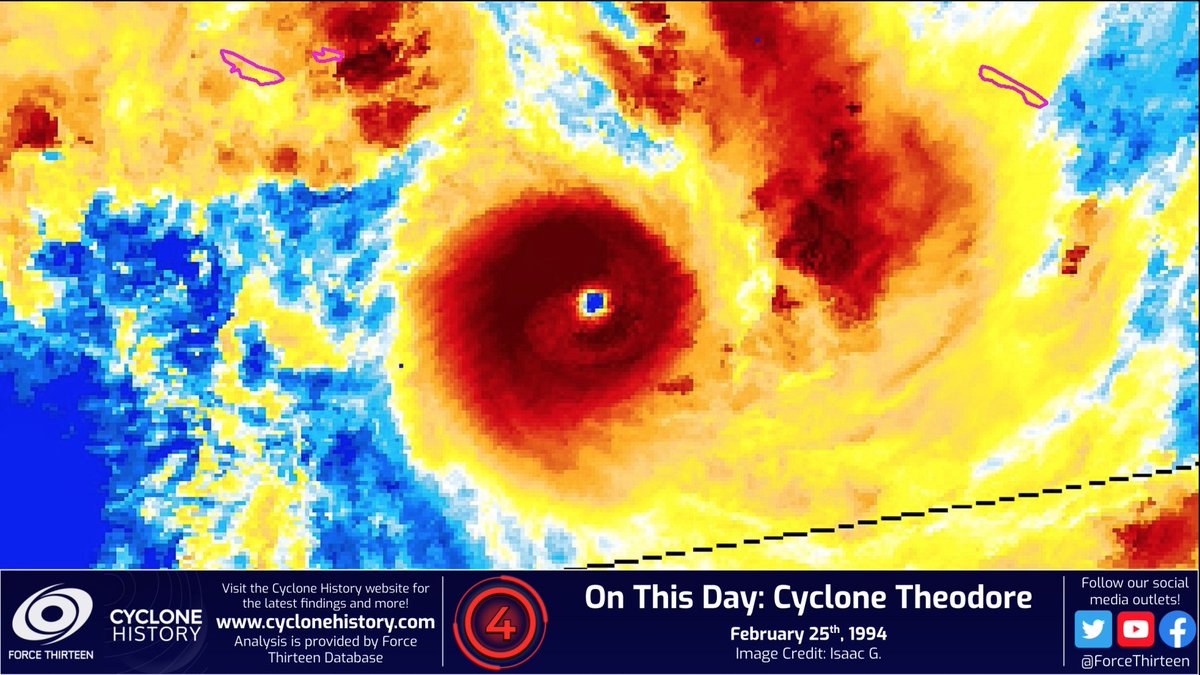CycloneHistory's tweet photo. #OTD in 1994, #CycloneTHEODORE peaked as a ferocious Category 4 on the SSHWS.
The storm rapidly intensified to reach a peak of 150 mph / 910 mbar, as per unofficial F13 estimates.
The storm passed close to #NewCaledonia as a Category 3 (SSHWS) as well.
Theodore was retired. https://t.co/D9xxPtJvgX