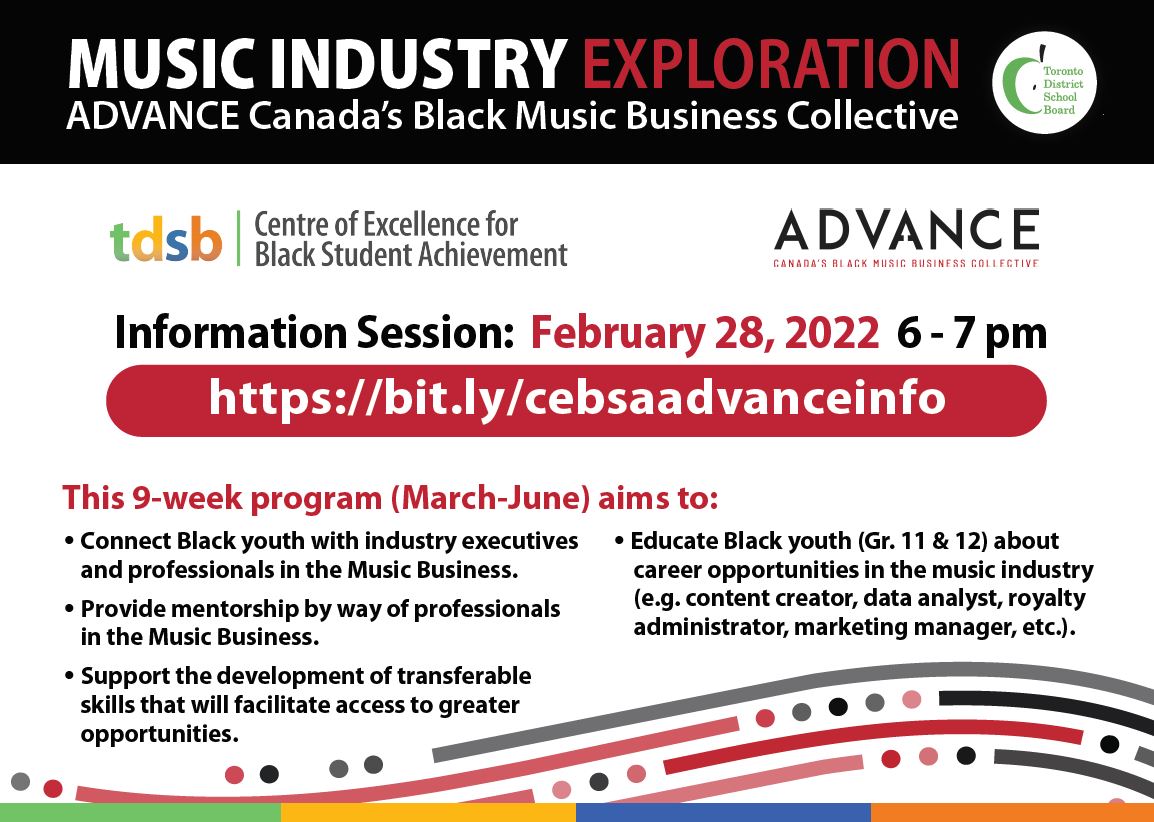 tdsb_cebsa's tweet photo. They say music is 1 way for youth to connect. But what if you were able to learn about the business side also? 

Gr. 11 &amp; 12 @tdsb students, join us for an info session re: an upcoming program with @advancemusicca on Feb. 28 at 6 pm.

https://t.co/H0jt0MSrhd

#tdsbcebsa #tdsb https://t.co/8TBUoepbTB