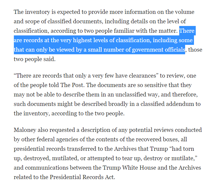 ZhiZhuWeb's tweet photo. "The documents [recovered from Mar-a-lago] are so sensitive that they may not be able to describe them in an unclassified way, and therefore, such documents might be described broadly in a classified addendum to the inventory"

#TrumpPapers 
https://t.co/16jThEiHuN https://t.co/5OsFLrvNq5