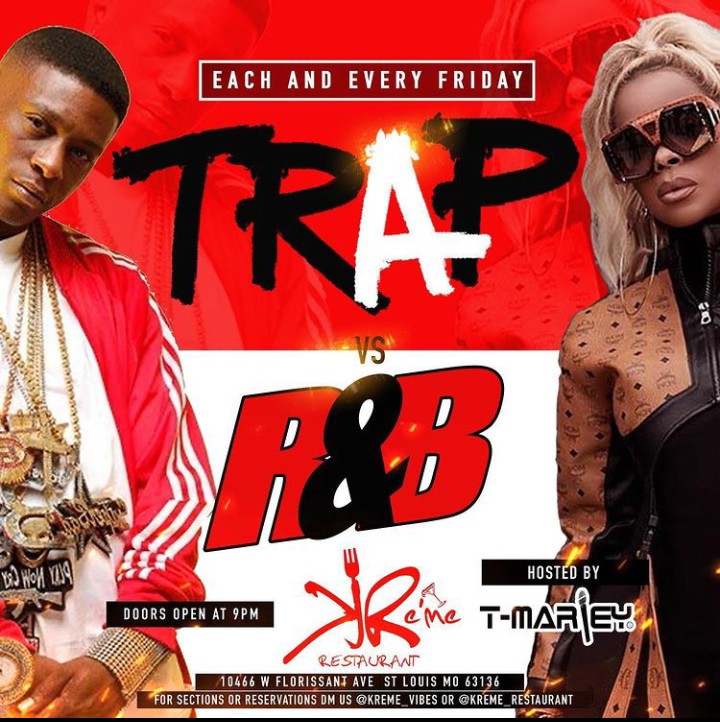 KremeRestaurant's tweet photo. TRAP vs. R&amp;B 2nite‼️ Ladies FREE until 11.. Doors open @ 9pm‼️ https://t.co/q2lBqAUbw6