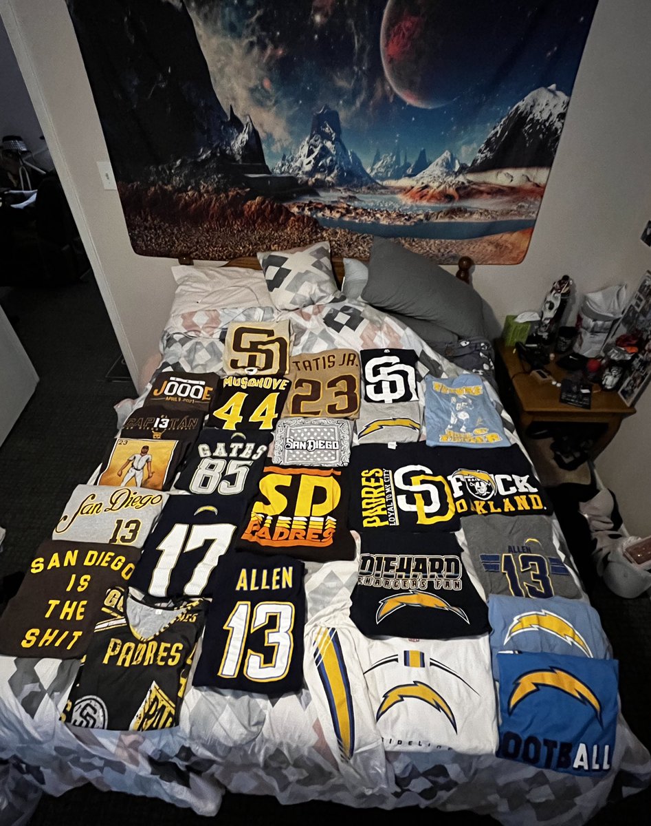 jessisbest_'s tweet photo. OMG! What an OUTLANDISH collection of shirts!!! Who would ever have such a thing? Lmao ๐คฃ๐ no but fr, who else? And in all seriousness.. I miss both sports so much right about now #Padres #Chargers #yesitsathing https://t.co/NAgIajCKXC
