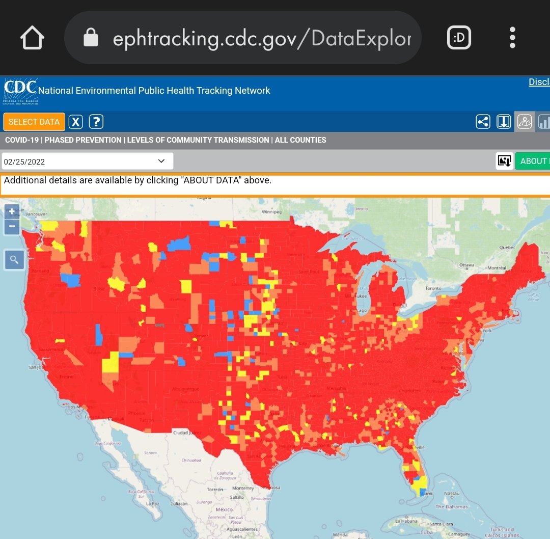 sleepyknave's tweet image. So CDC updated their community transmission map to look less awful. Bad enough.

But look...

CDC public facing site:
cdc.gov/coronavirus/20…

vs

CDC National Environmental Public Health Tracking Network:
ephtracking.cdc.gov/DataExplorer/

Screenshots taken within 5 minutes of each other.
