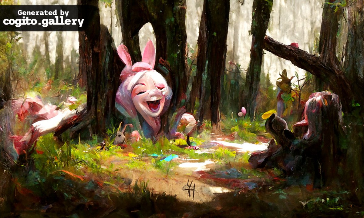 🐰 Hop on! 
Our #AI art generator was challenged this time with the text "A happy bunny rest in the forest" - This is the result 🤯

👉 Generate your own!
RT your desired text and we'll let our AI generator create it 💫

#artwork #nft