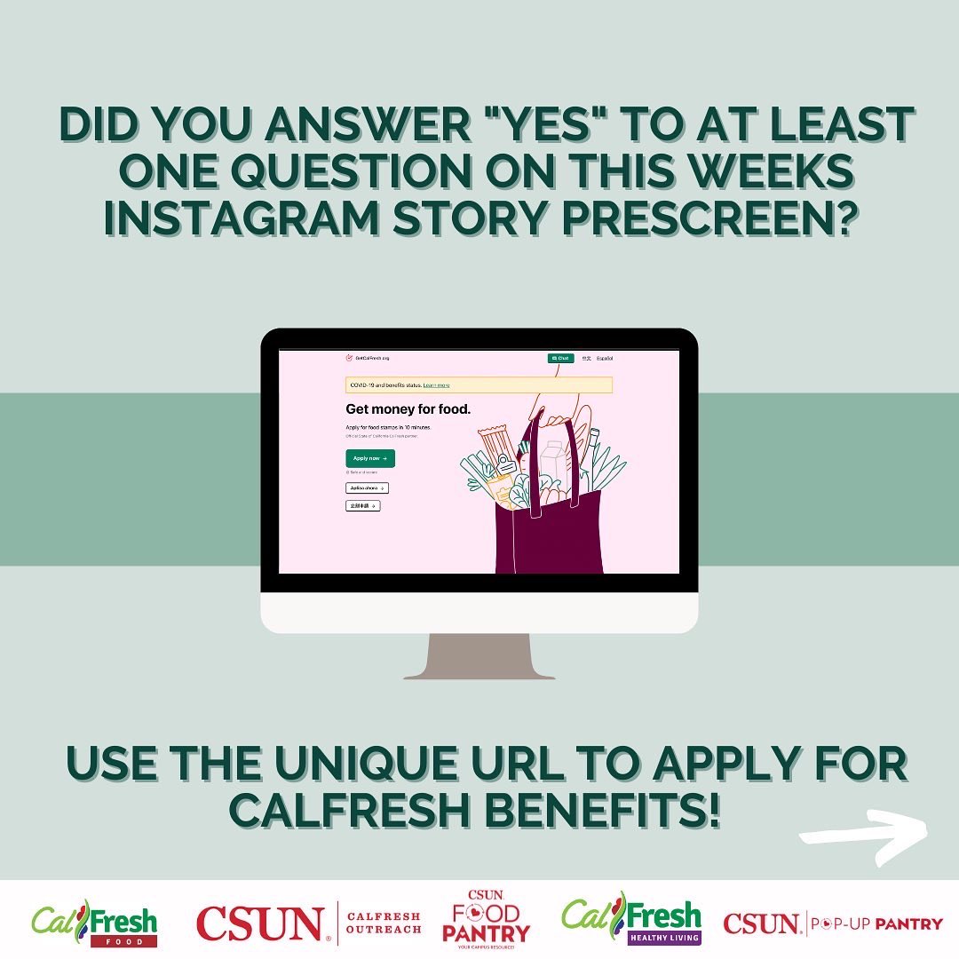 csunfoodpantry's tweet image. Hey Matadors! Did you answer yes to any of the question on the pre-screen yesterday? If so don’t hesitate to apply for CalFresh Benefits today. ❤️ #CalFreshWeek