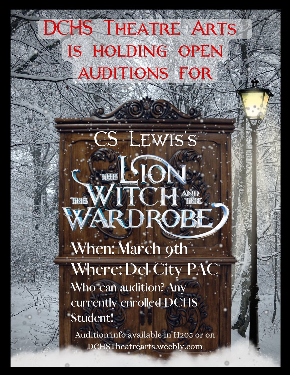 DCHSTroupe2017's tweet photo. Auditions for our Spring Play are coming soon! We go from New York Streets through the Wardrobe and into the land of Narnia! Can’t wait to see you all at auditions! https://t.co/Fnyw4GLon4