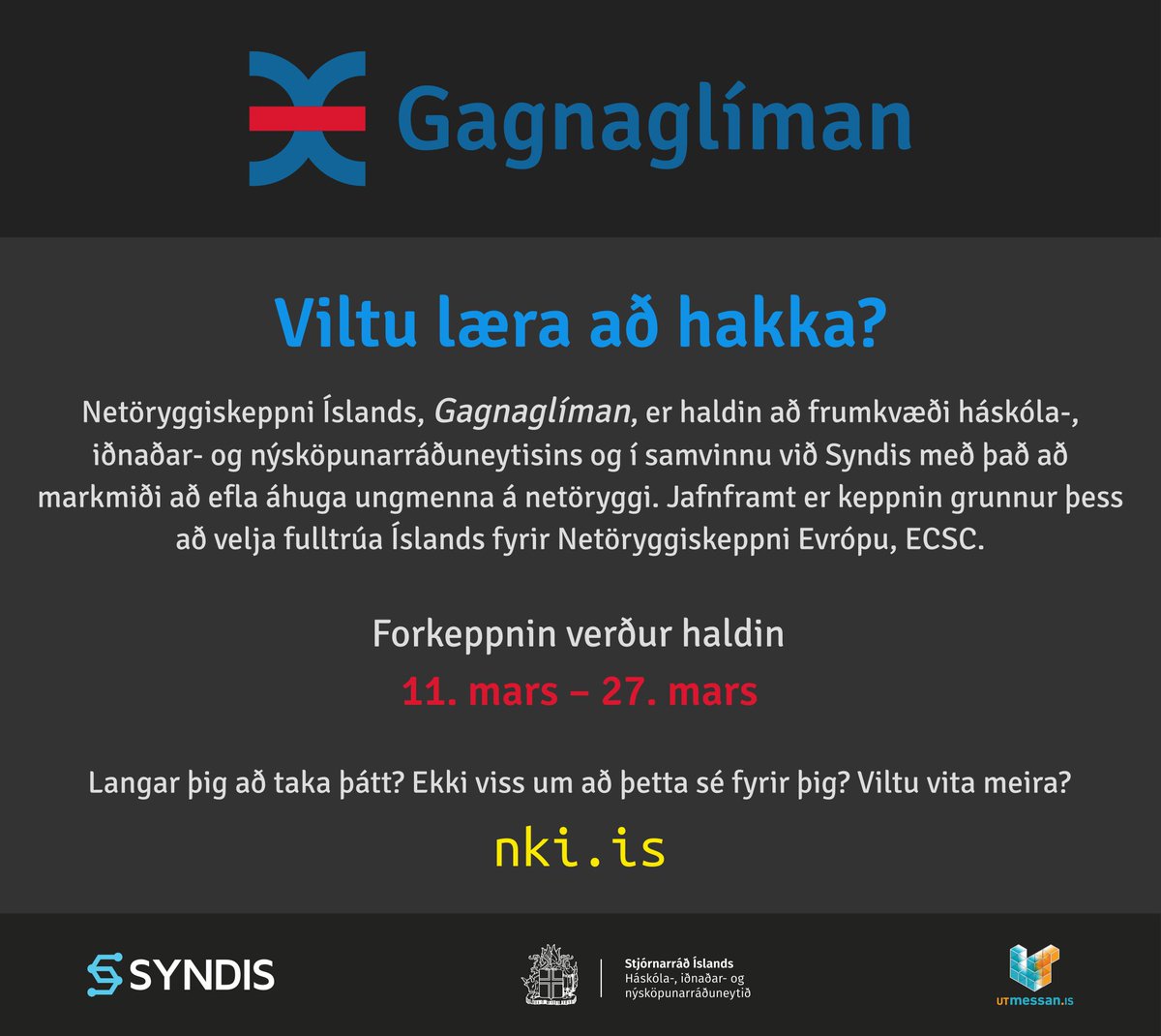 gagnagliman's tweet photo. Þá er komið að því. Forkeppni Netöryggiskeppni Íslands, Gagnaglímunnar, fer í loftið 11. mars. Allir mega taka þátt, ungir sem gamlir, reynslumiklir jafnt sem byrjendur. Allir geta fundið sér verkefni hæfi. Nú er tíminn til að sjá hvort í þér blundi ekki eðalhakkari. https://t.co/d1wx8jos7P