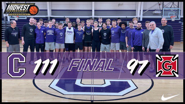CornellRamsMBB's tweet photo. Here we go! On to the MWC Championship tomorrow. What a great crew! #RamsBasketball 🏀 
#BigWin @CornellRams @CornellCollege @MWCSports https://t.co/xYqHXLy27s