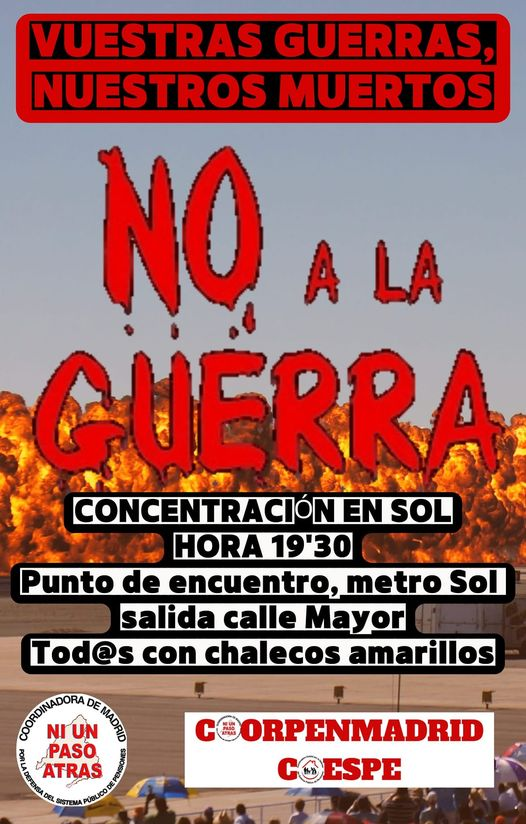 Manifestamos nuestro rechazo a cualquier tipo de violencia y reiteramos nuestro compromiso con la defensa de la paz, la libertad, la justicia y el respeto a los Derechos Humanos, al tiempo que os animamos a acudir a decir alto y claro. 
NO A LA GUERRA