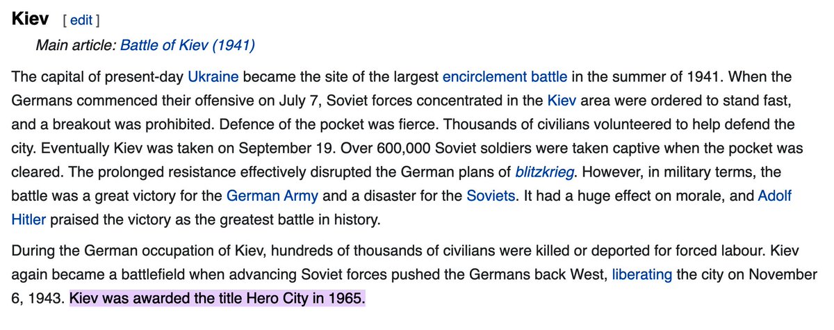 I see lots of report "Kyiv to fall in next 48 hours"

time to remind all Kyiv is a "Hero City" 

It fought the Nazis and covered itself in glory. that spirit is there today too in spades. If the Russians try to take they will die in large numbers.

en.wikipedia.org/wiki/Hero_City….