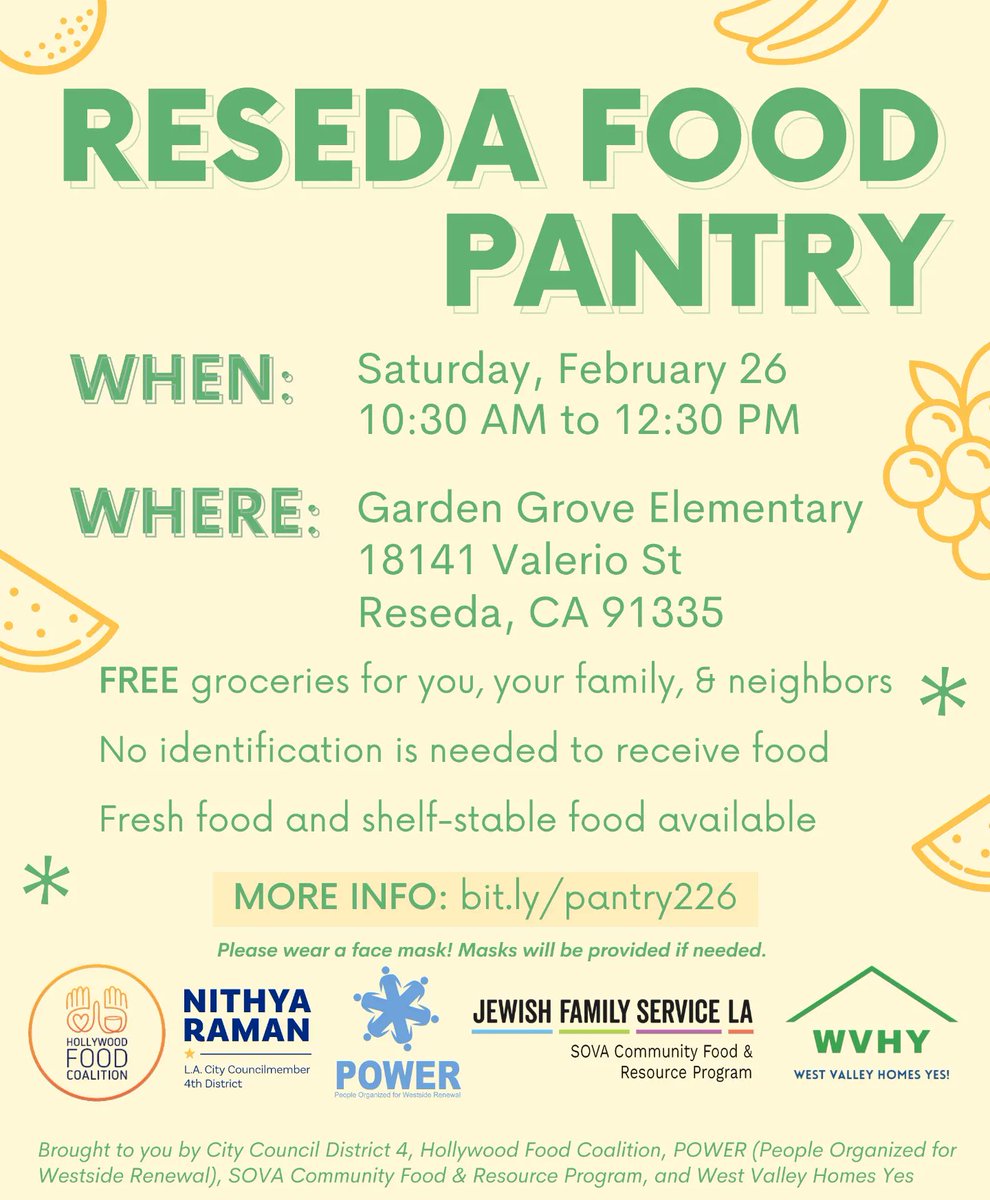 Reseda_NC's tweet photo. FREE Groceries for you, your family, and neighbors. JOIN us at the Reseda food Pantry tomorrow 2/26 from 1030am to 1230pm at Garden Grove Elementary on Valerio St. #reseda #lacity #foods #foodpantry #pantry226 #giveback #fresh https://t.co/1nDvrvKOwf