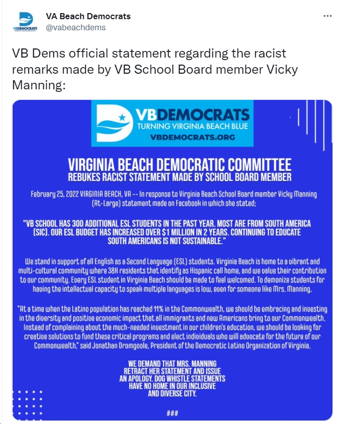 bluevirginia's tweet photo. VA Beach Dems Rebuke “racist remarks made by VB School Board member Vicky Manning, Who Said “continuing to educate South Americans is not sustainable” https://t.co/Ot4YXTtRlD https://t.co/IcJO7iPCZx