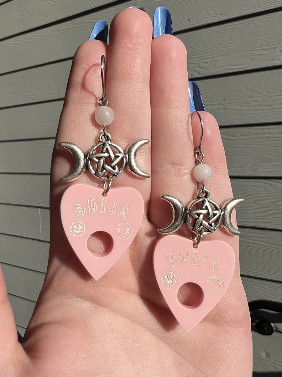 cateyekayla's tweet photo. triple moon planchette earrings w rose quartz 💗🥺 https://t.co/8JbkxN1JD6