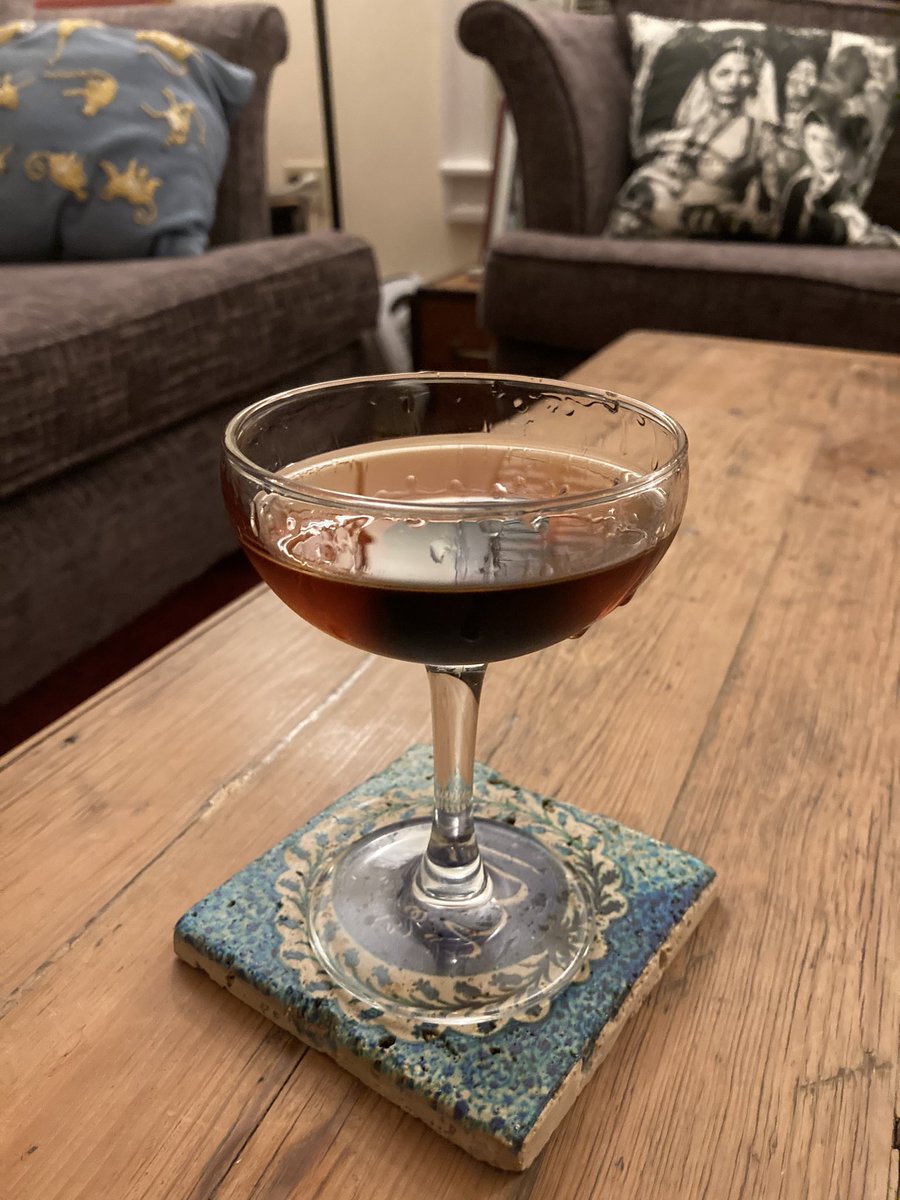 dfphil's tweet photo. Let’s take the train to Cynar Town with tonight’s drink thanks to Death and Co: the Cynartown. Pour gin, sweet vermouth, and cynar (duh) over ice and stir. Pour into a coupe and garnish with a cherry (or two) #cocktailCodex https://t.co/WbfHOqbZ7u