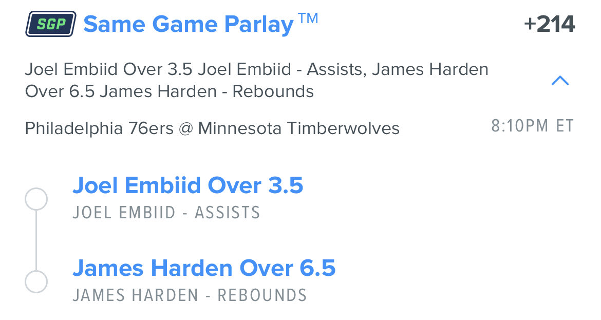 gambalytics's tweet photo. Embiid O 3.5 Ast -110
Harden O 6.5 Reb -142

Put em in a parlay — 2.5 U +214

#GamblingTwitter
#NBAPlayerProp
#MINvsPHI https://t.co/CP5nyzyvpl