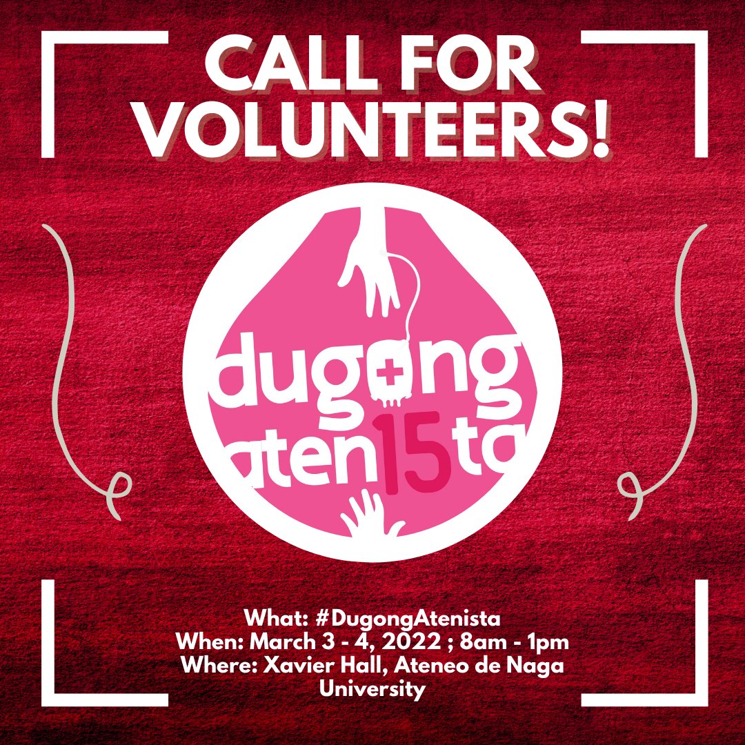 Adnurcy's tweet photo. CALL FOR VOLUNTEERS!

The Ateneo College Red Cross Youth calls all interested members to volunteer for the upcoming #DugongAtenista on March 3-4, 2022, at Ateneo de Naga University. 

For more details, you may check this post: https://t.co/95mMNfodr1 https://t.co/niwSPavfMh