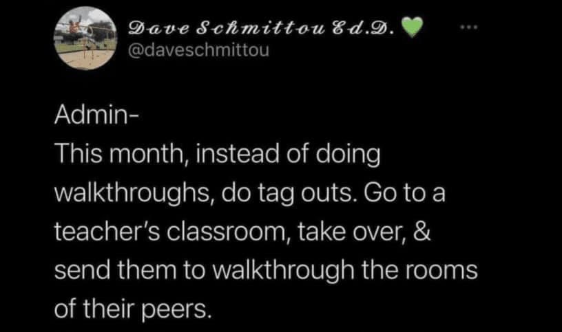 The greatest urgency I ever feel to improve my instructional practice, to grow as a teacher, is ALWAYS when I’m in the presence of my colleagues - classroom teachers TEACHING. How can admin support this? Here’s one way. #teacher2teacher #peer2peerLearning