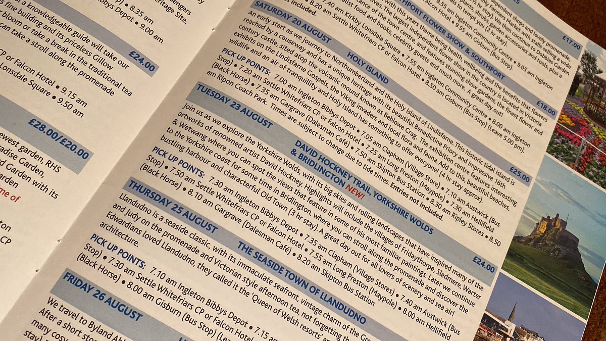 IngletonAuntie's tweet photo. Ooooooh look what’s arrived in the post @Bibbyscoaches new brochure.
Joyce and I are planning a day trip or two.
The Holy Island trip sounds exciting. https://t.co/q9bRhqjVki