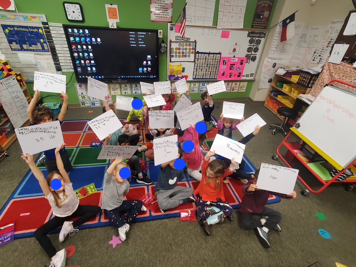 LauraCano79's tweet photo. Making our word part power even stronger in Kinder by breaking up longer words into syllables to hear the sounds. Using a fun nonsense word "Supercalifragilisticexpialidocious" @TCRWP @LizGoodman1 @WilchesterSBISD https://t.co/IQzxfWy2i4