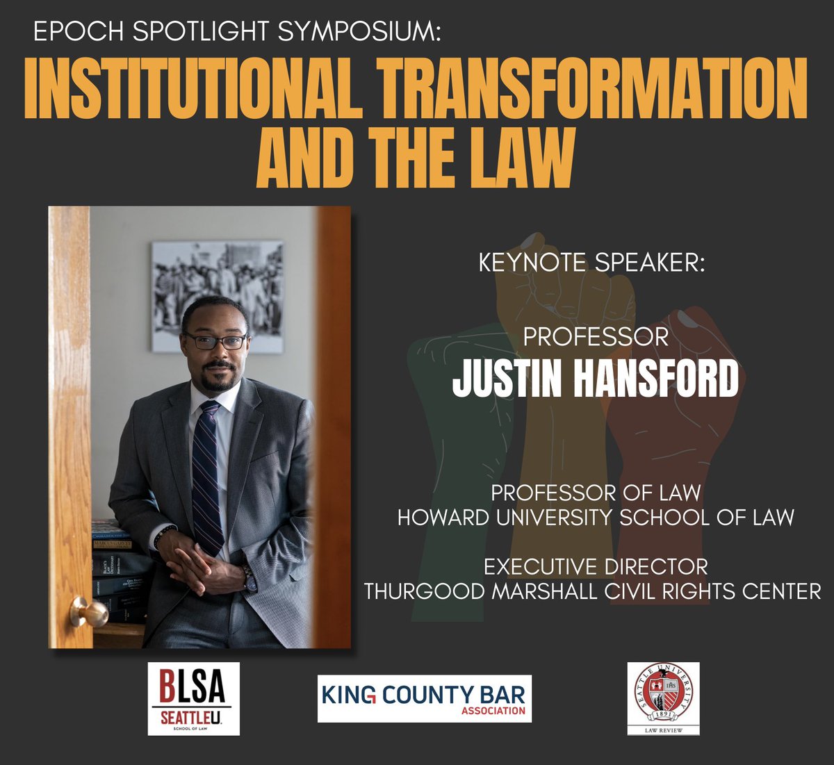 D_ProctorMills's tweet photo. We will be closing out the Epoch Spotlight Symposium with our Keynote Justin Hansford @Blackstarjus JOIN HERE➡️ https://t.co/WNrPfO9meY #EpochSymposium #SULaw @seattleulaw @SULawRev @SULawRev @SUBLSACHAPTER @kingcountybar @HU_TMCRC https://t.co/3Mqe5qTfYD