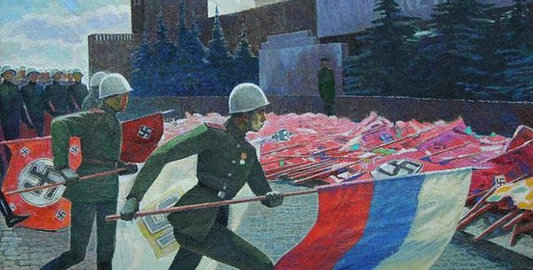 Russian Liberation army used tradition symbolics of Russian Empire, like the red-blue-white tricolour which Russia uses now. In 1945 these flags were thrown to the Red Square together with swastikas. That's why old Soviet veterans viewed new Russian flag as "Nazi", Vlasov's flag