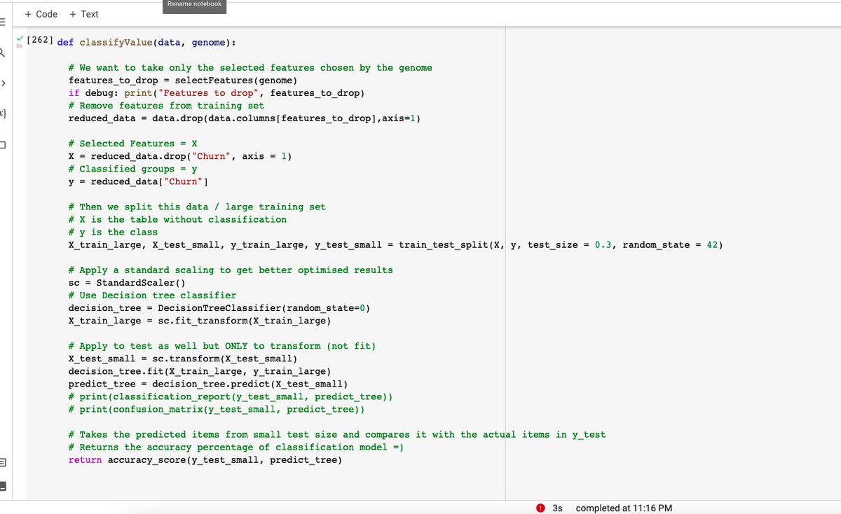 Day 80 of #100DaysOfCode / I have somehow managed to integrate sci-kit-learn into my genetic algorithm. Halfway through now hopefully my predictions work 😖 nervous #machinelearning #ai #ga #featureselection #computerscience #womeninstem #python #googlecolab #programming