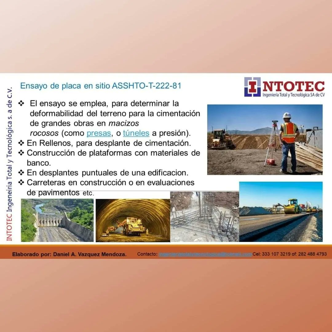 INTOTEC's tweet image. Ponemos a su disposición el ensayo de prueba de placa en sitio, es un ensayo muy practico y rápido de hacer, que aportara información valiosa, para medir las condiciones que tiene el suelo donde se pretende construir. Supervisor, ingeniero responsable. Cotice su ensayo.