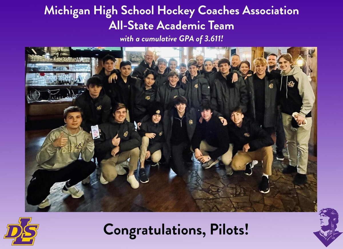 DLSPilots's tweet photo. Congrats to our @DLSPilotHockey student-athletes that were named to the Michigan High School Hockey Coaches Association All-State Academic team!

Also, congrats to the team, as a whole, on receiving all-state team academic honors, with a cumulative GPA of 3.611!

#PilotPride https://t.co/GNFj4rVQ3q