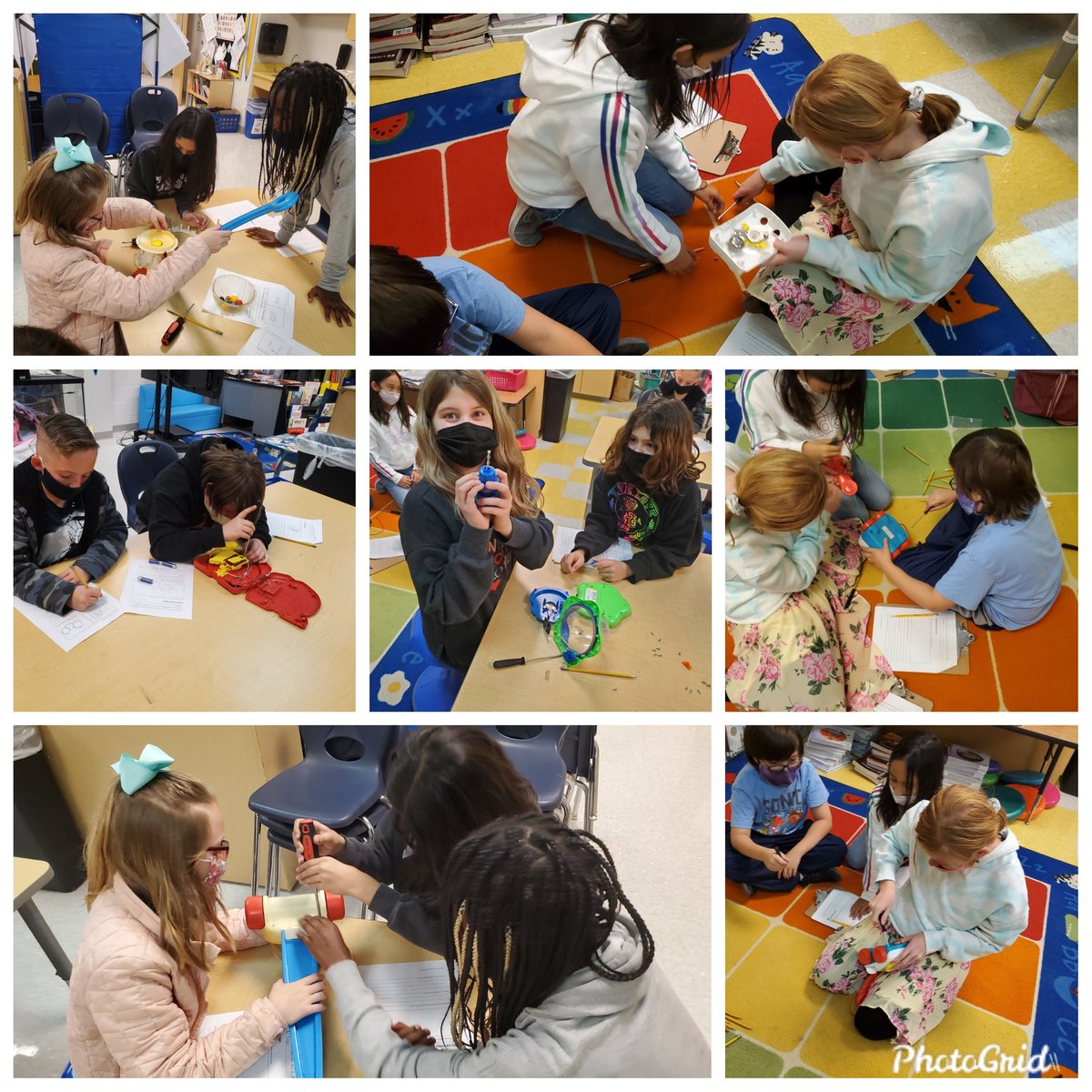 LauraAlbasini's tweet photo. The 5th grade Stem Club was learning about Reverse Engineering. They took apart toys to see what made them work. Then they had to put them back together again. Most groups had no spare parts. https://t.co/wTxBQ8qj8E