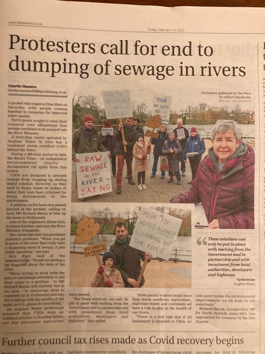 StroppySuffolk's tweet photo. Thank you to ⁦#DissExpress⁩ for reporting on our protest last Saturday about disgusting, stinking #sewage in the river #Waveney. 

Oh and we still await @AnglianWater’s answer about the raw sewage incident reported on 21st JANUARY… 🤔 https://t.co/e72oQ0FL24