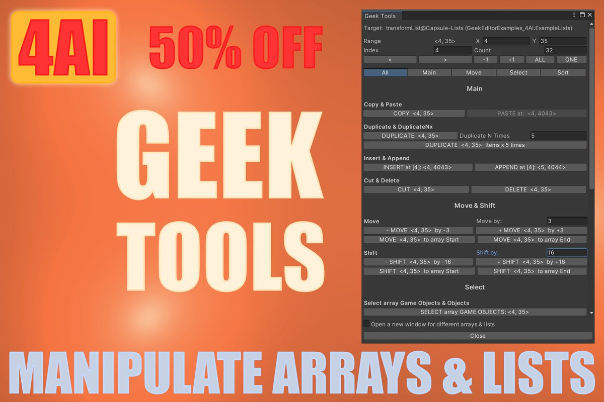 4AI3D's tweet photo. Geek Tools - 50% OFF - Discount ENDS soon! Buy: https://t.co/49WSharEaF in #Unity #AssetStore. Manipulate Arrays &amp; Lists.
#unity3d #unitydev #indiedev #3D #VR #AR #XR #apps #gamedev #UnityAssetStore #UnityEditor #code #game #indiegamedev #apps #dev #developer #indiewatch #unity2d https://t.co/bADok4XQd6