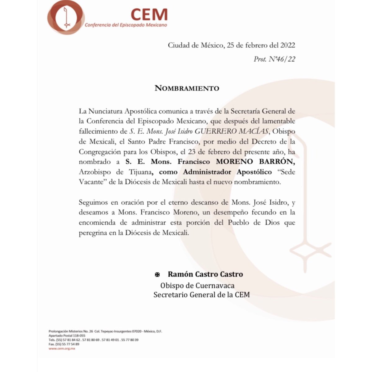 IglesiaMexico's tweet photo. Después del lamentable fallecimiento de S. E. Mons. José Isidro Guerrero Macías, Obispo de Mexicali, Su Santidad el Papa Francisco se ha dignado nombrar Administrador Apostólico de la Diócesis de Mexicali a S. E. Mons. Francisco Moreno Barrón, Arzobispo de Tijuana. https://t.co/FDu7RZzD9S