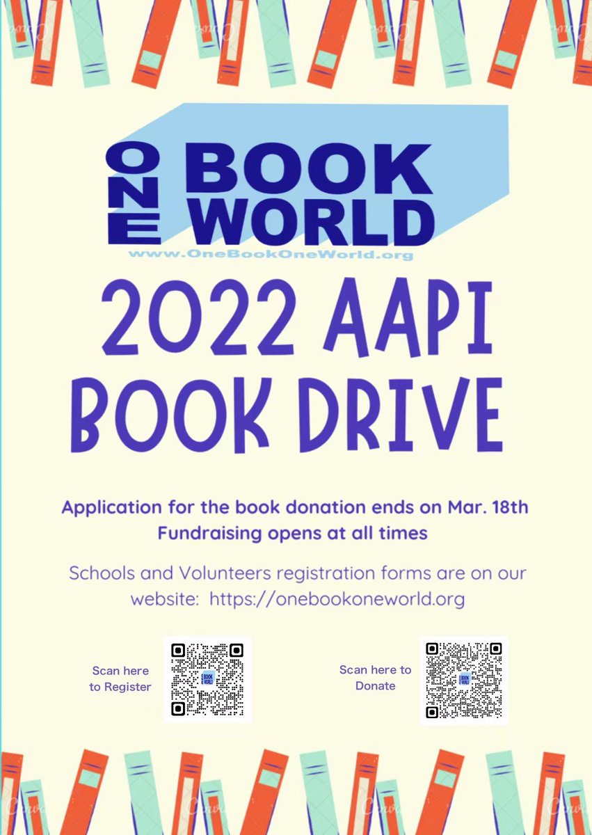 OneBookOneWorl2's tweet photo. #OBOW 2022 #AAPIBookDrive is officially off the ground and running on our website!https://t.co/3vt1wvRNTM
Apply for book donations till 03/18/2022.
Fundraising is open at all times.
Be sure that your school jumps on board to join us raising awareness of #AAPIHeritageMonth ✌️ https://t.co/X6a2yON4b4