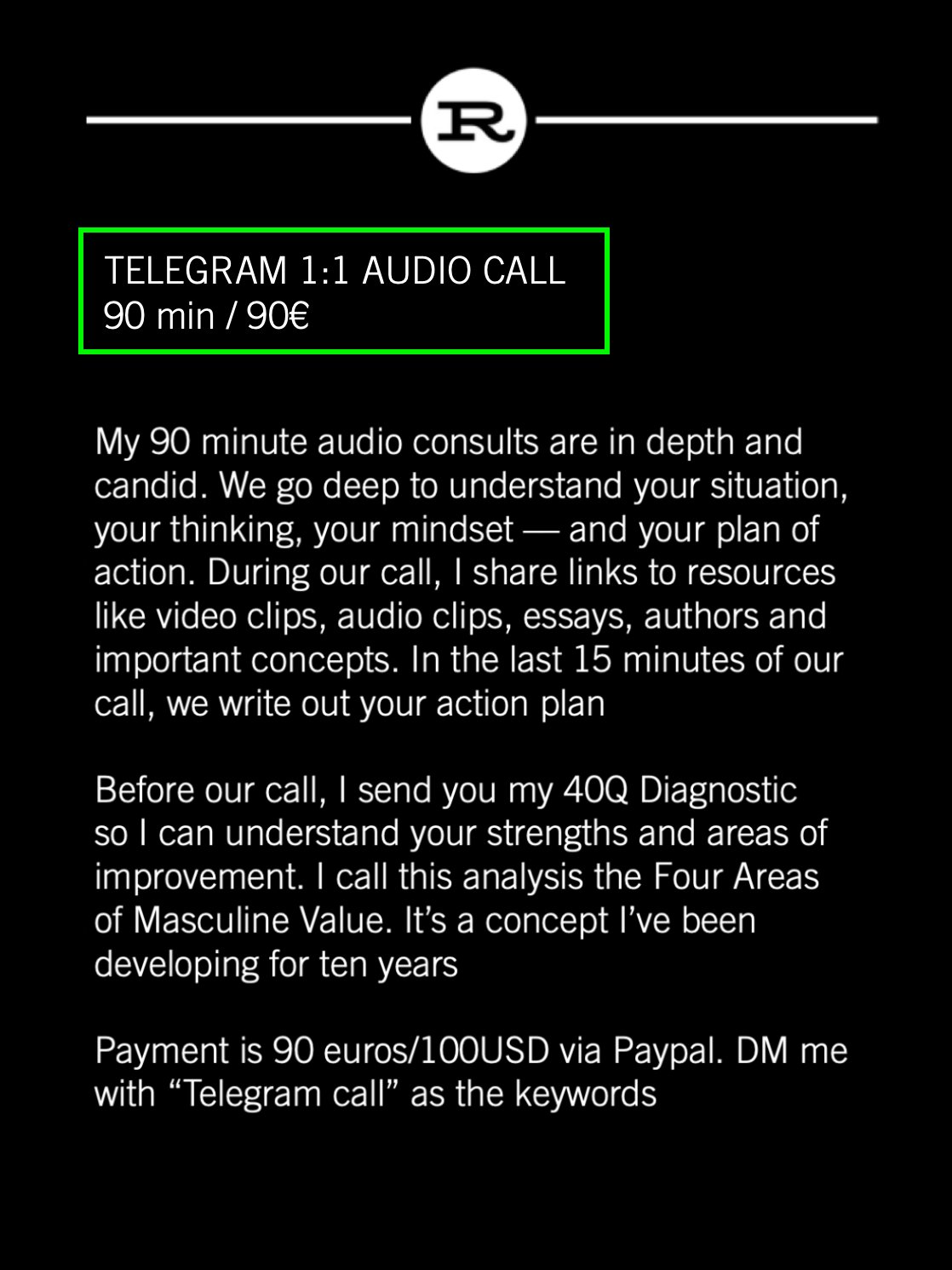 Rivelino on X: TELEGRAM 1:1 CONSULTS My calls are in depth and candid. My  focus is to understand the intricacies of your situation, understand your  mindset –– how you see your problem ––