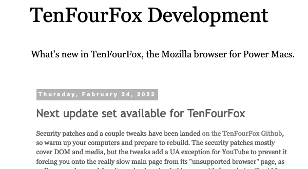 mpc7500v2's tweet photo. Next update set available for #TenFourFox
https://t.co/xp3jCR054d
#PowerPC #PPC750 #MPC7400 #PPC970 #Firefox #SheepShaver #POWER9 #PowerISA https://t.co/dJ8a47Fmv6