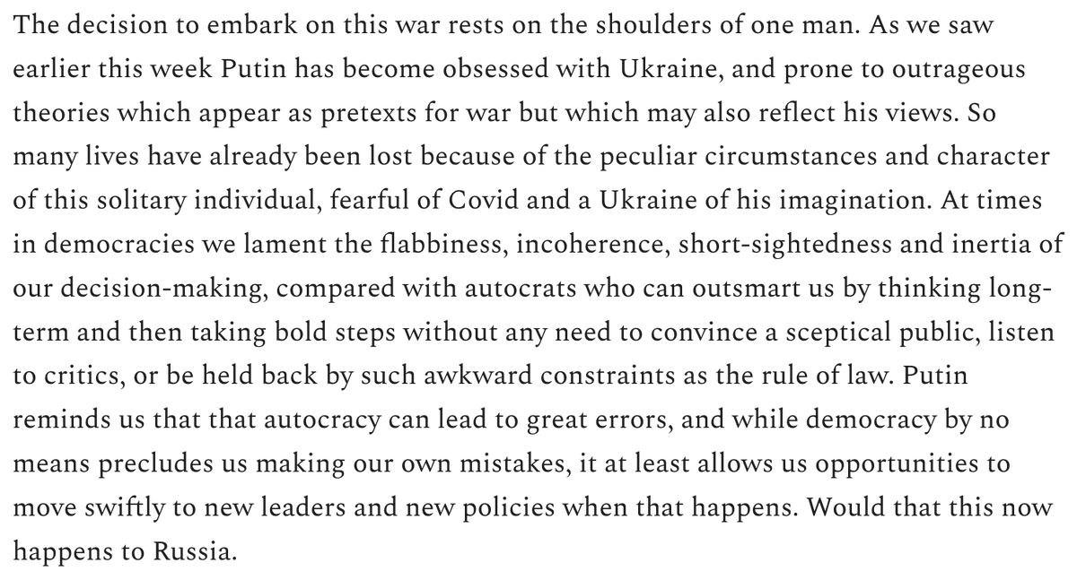 williesband's tweet photo. "Putin, like most autocrats, has a residual fear of his own people." He's stolen from them for decades. His oligarchs, his mafia, his secret police &amp; petty bureaucrats, his cossaks, depend on his corruption. They all watched what happened to Saddam &amp; Gaddafi. They're terrified. https://t.co/xPgxlmVtr8