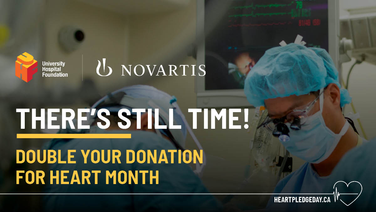GiveToUHF's tweet image. There's still time to have your donation doubled this #HeartMonth, thanks to @NovartisCanada's #matchinggift up to $30,000, now extended to February 28.

You can help doctors &amp;amp; cardiac staff at the Maz continue life-saving care every day.

Donate today: bit.ly/3phHq9a