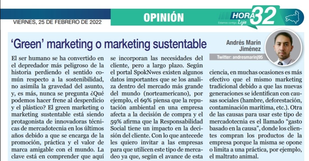 andresmarinj95's tweet photo. Buenas noches queridos amigos, les comparto el artículo de hoy. Muchas gracias #Hora32 por el espacio.
Green marketing o marketing sostenible. https://t.co/PnAUd332Ym
