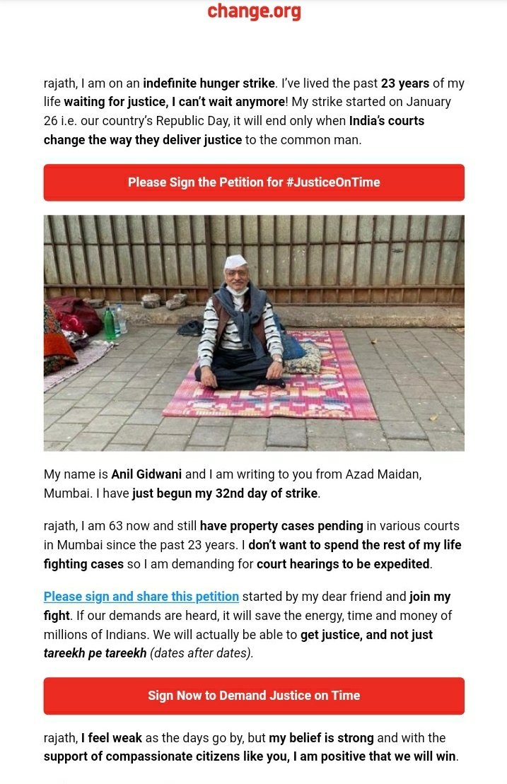 A 63 year old going on an indefinite  hunger strike.
When does our judiciary system wake up? Does it take 23 years to get a resolution in court cases?

Just signing the petition on change.org will not change the underlying problem.