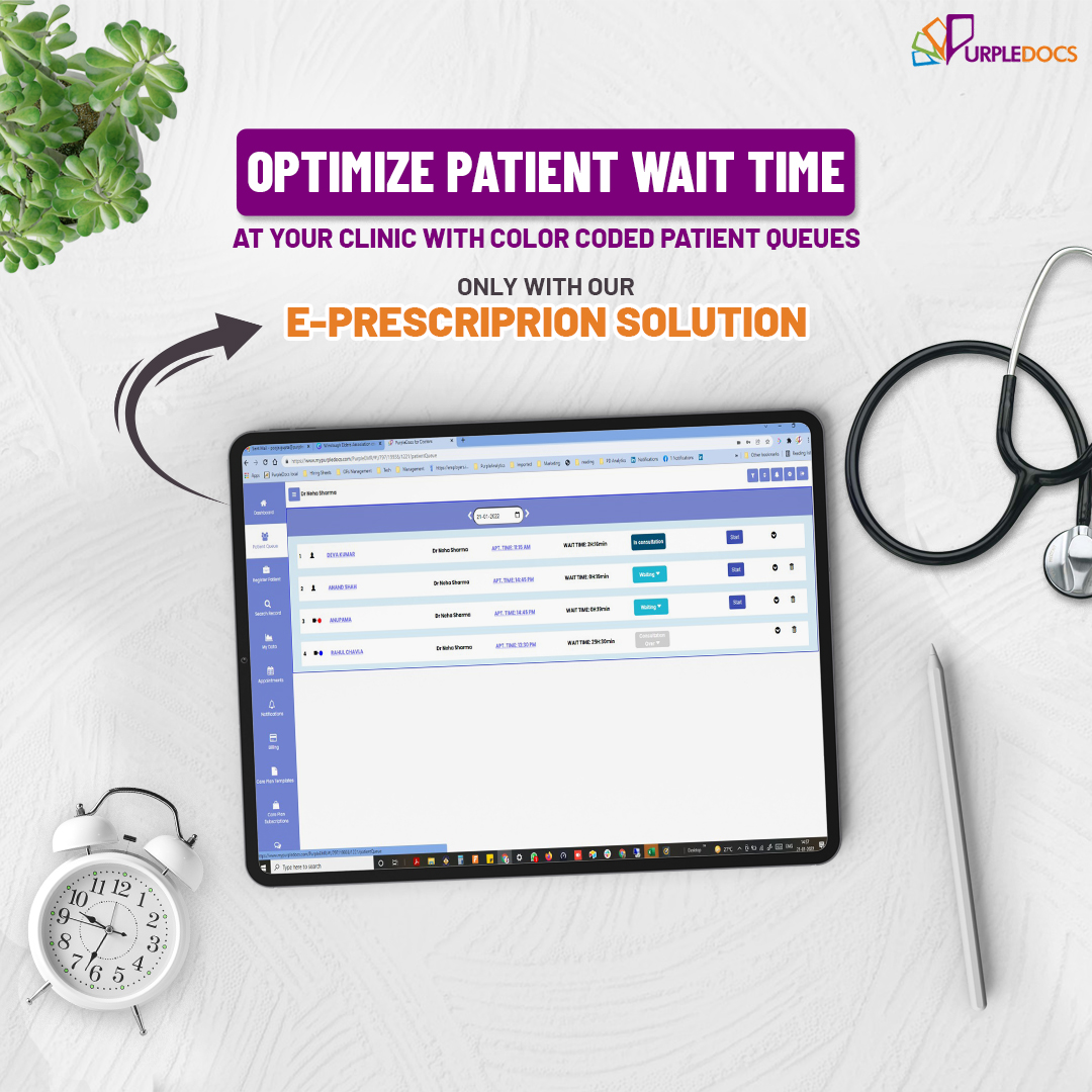 Improve patient service by decreasing their wait time at your clinic with our E-prescription solution that lets you optimize wait time through color coded patient queue.

Get FREE 3 Months trial! Just call us at 9909903539 / 8178688392!
.
.
#purpledocs #emrsolutions