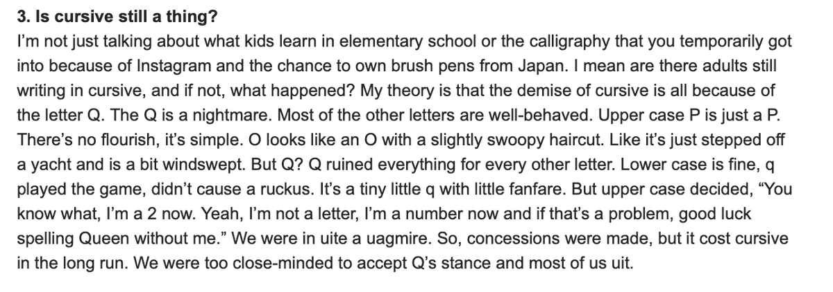 serenitylive's tweet photo. "Is cursive still a thing?" (I write in a pseudo-cursive in my journal but not the upper case Q. This is @JonAcuff gold from my inbox this morning.) https://t.co/gkmizU1Rlu