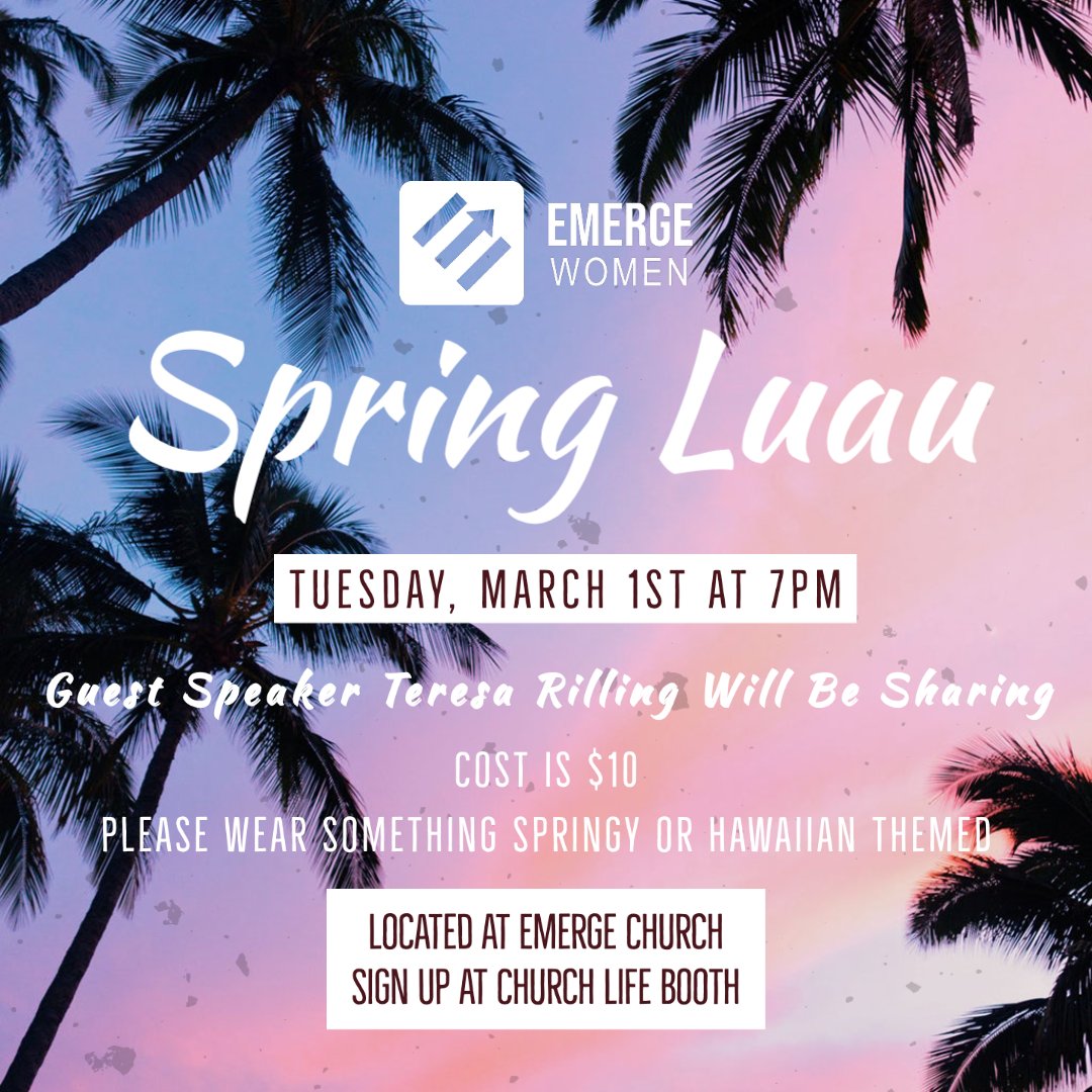 EmergeChurchAB's tweet photo. Check this out, Ladies! Our Spring Luau event is this coming Tuesday! Get your tickets now at the Church Life booth or by emailing admin@emergechurch.ca, and stay tuned for a special video announcement on Sunday! #Ladies #SpringLuau #goodbyewinter https://t.co/84B7hSVtvL