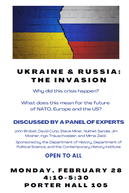 OUPols's tweet photo. 🇺🇦Happening on Monday🇺🇦

"Ukraine &amp; Russia: The Invasion" 
Monday 2/28 4:10-5:30 PM in Porter Hall 105

Join us for a panel on this developing invasion with @ohiou experts from the departments of History, Political Science, and the Contemporary History Institute.

All welcome. https://t.co/M6H4as0T0q
