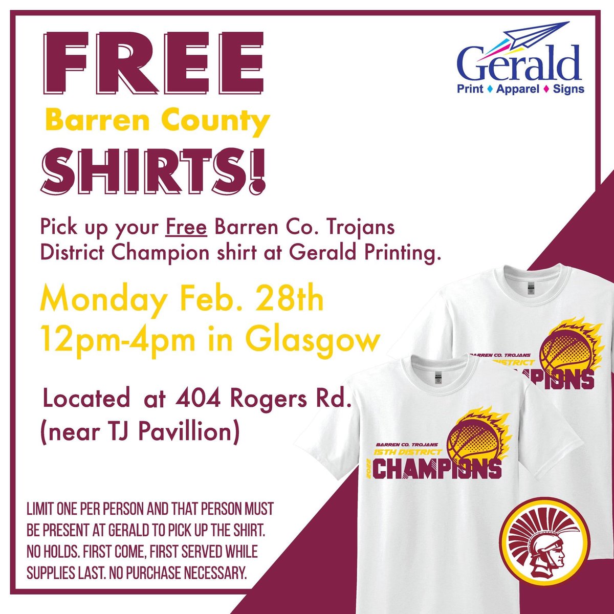 Congratulations to the Barren Co #Trojans for winning the 15th District Championship! To celebrate, we are giving away #FREE Championship t-shirts on Monday February 28th from Noon to 4:00pm at our office located at 404 Rogers Road in Glasgow.