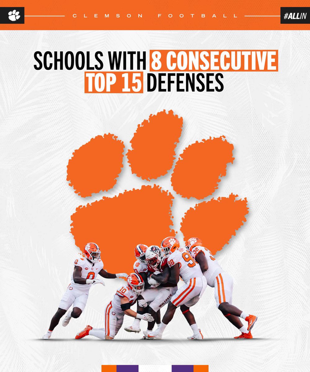 CoachZachFulmer's tweet photo. Retweet if your team has had 8 consecutive Top 15 defenses. 😎 @ClemsonFB https://t.co/Yv8MFWf6me