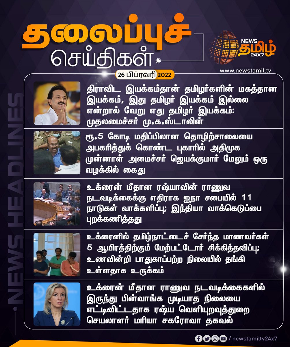 NewsTamilTV24x7's tweet photo. இன்றைய நாளுக்கான முக்கிய செய்திகள்

#Headlines | #MKStalin | #Jayakumararrested | #Ukraine #NewsTamil24x7 https://t.co/a6SO8zwlJm