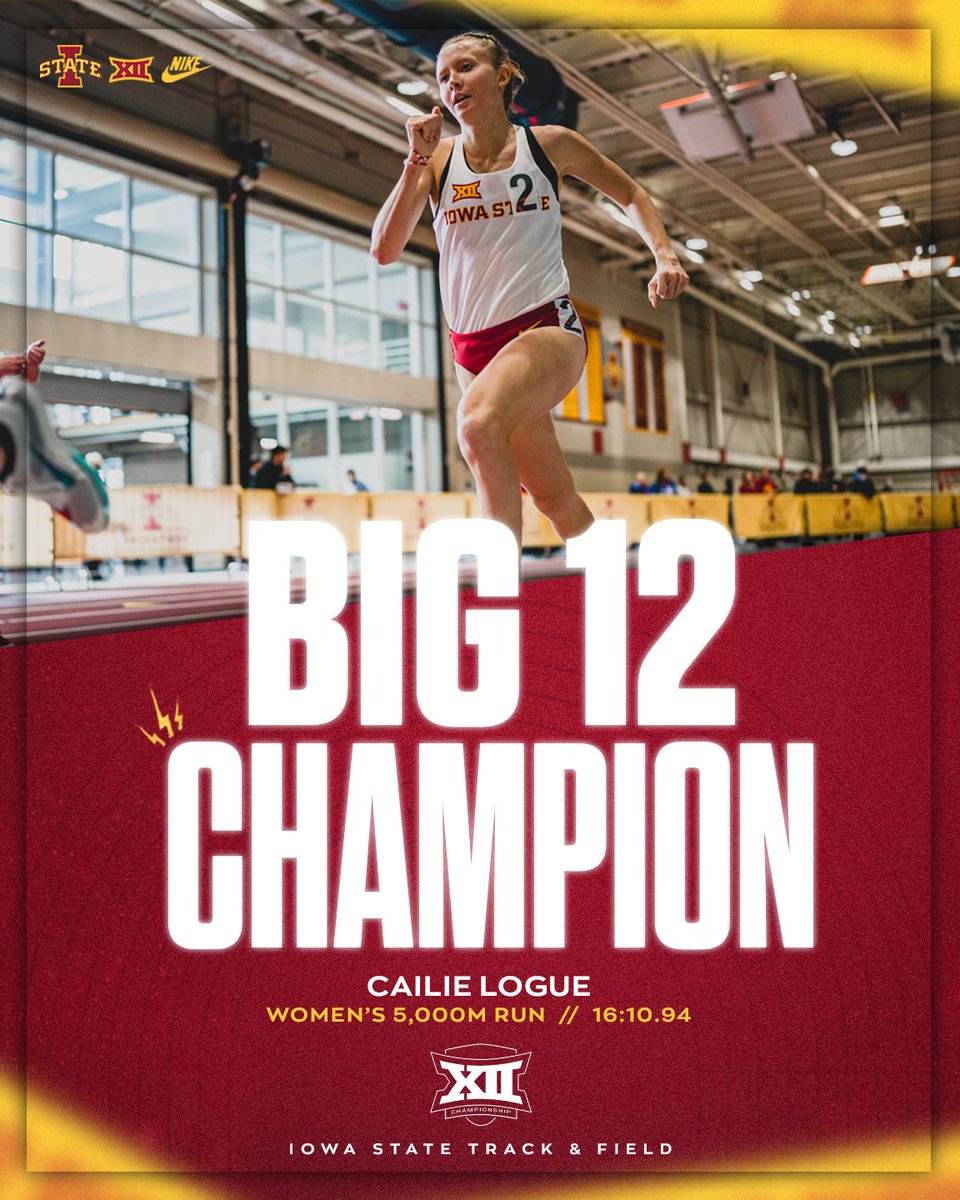 CycloneTrackXC's tweet photo. #Big12TF 🏆!

Cailie Logue claims her 1️⃣1️⃣th career Big 12 Crown, and defends her indoor 5K crown again!

#CycloneSZN #Run4ISU https://t.co/fYMSxb2a6w